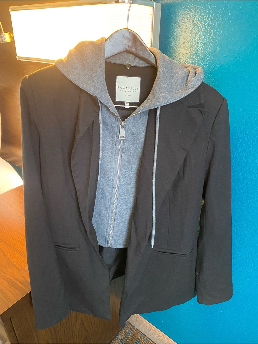 Bagatelle Black Blazer with Gray Hoodie Detail